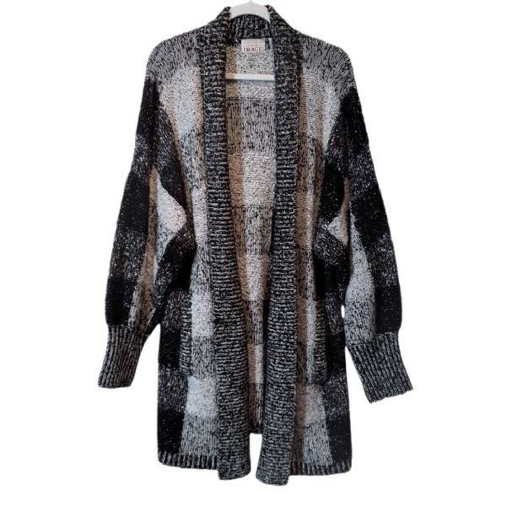Vintage Fitting Image Cardigan Coat Large Check Knubby Sweater Plus Size 20/22